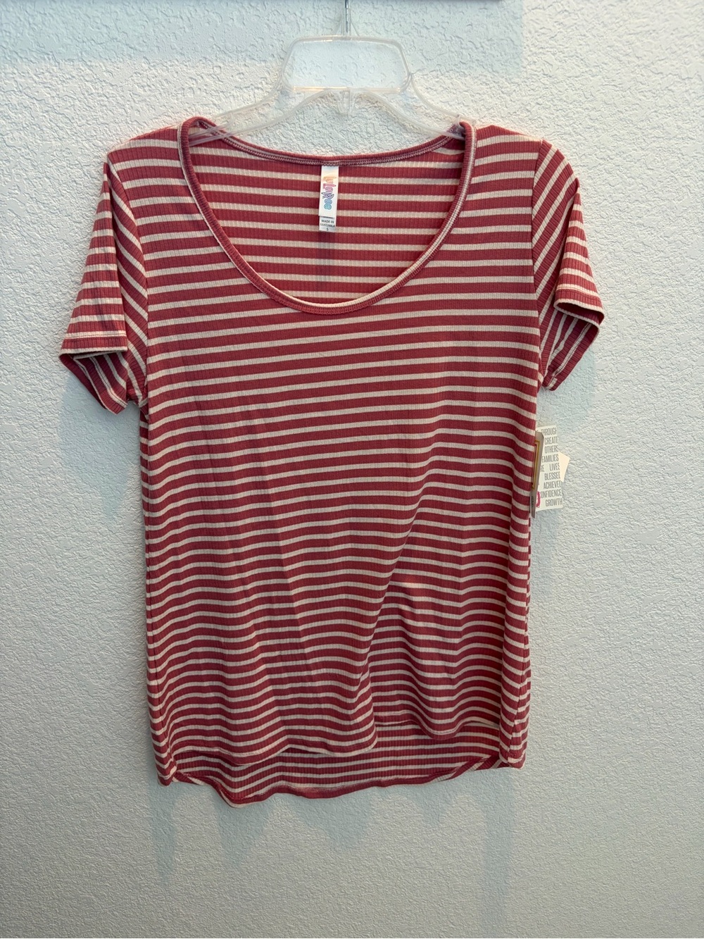 LuLaRoe Classic T: Coral & White Striped Scoop Neck Tee